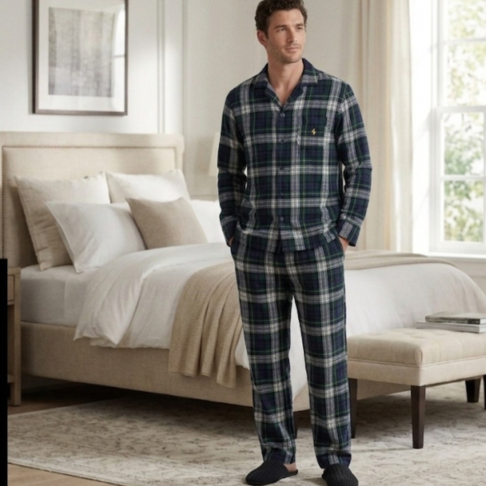 Polo Ralph Lauren Men's Green Blue Tartan Plaid Flannel Pajama SET Yellow Pony M